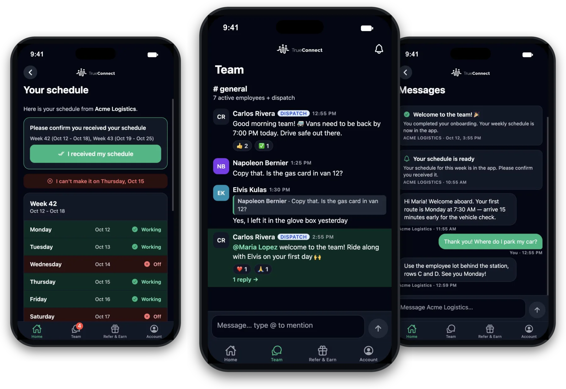 The TrueConnect app on three iPhones — Schedule, Team and Messages